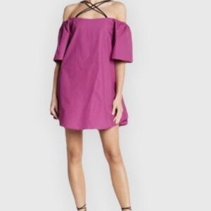 Line & Dot Magenta Off-Shoulder Dress | S